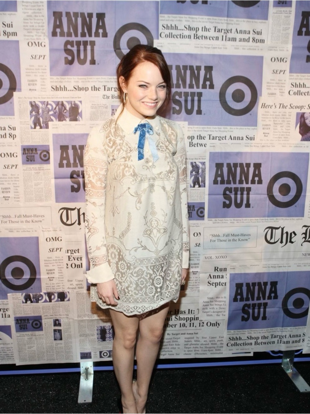 Anna Sui Cream Lace Long-Sleeve Mini Dress with Blue Ribbon